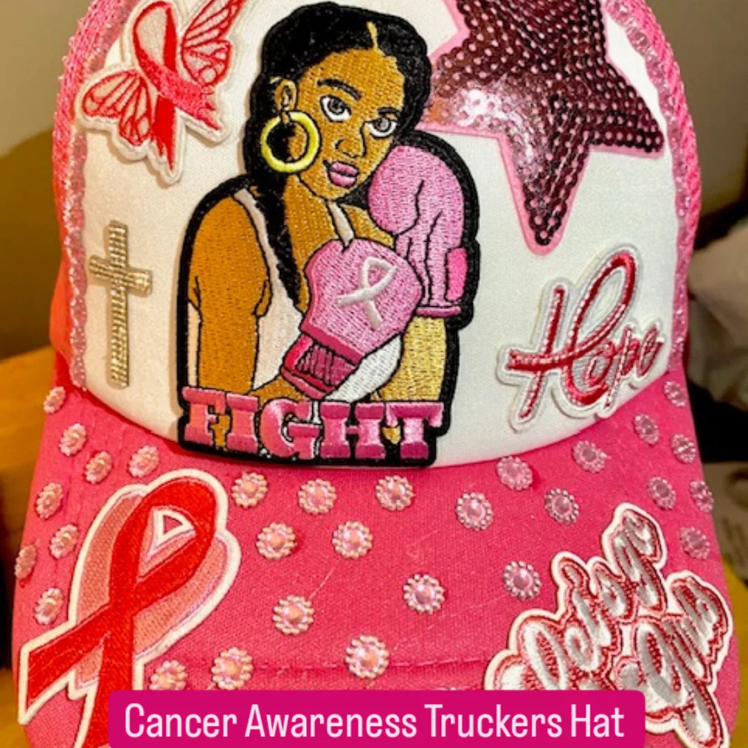 Cancer Awareness Decorated Truckers Hat in Pink & White