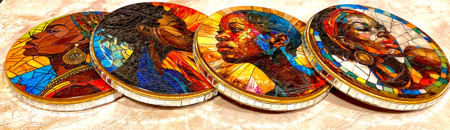 Handcrafted 4 PC Black Art Coaster Set /w Metal Holder