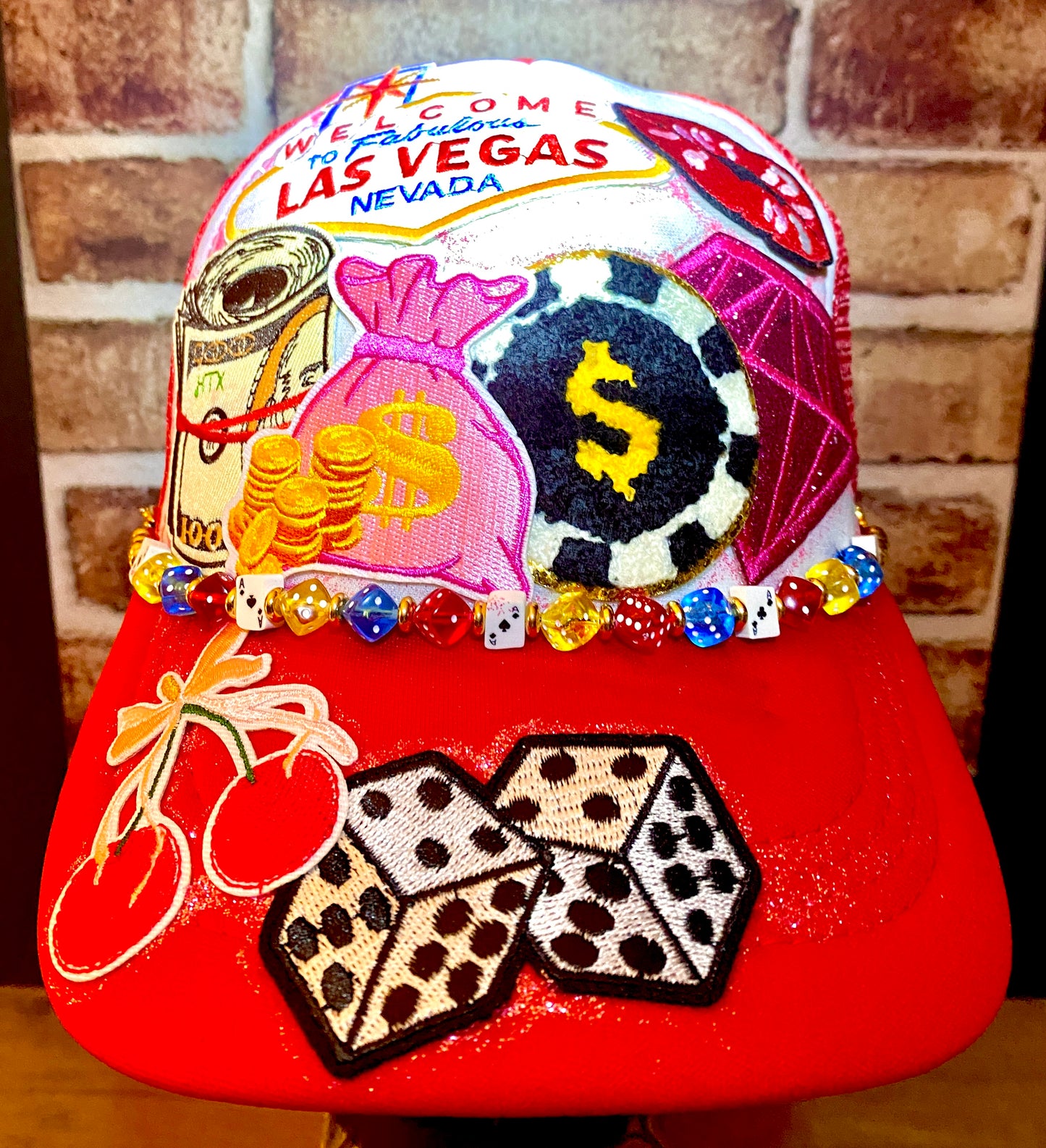 The Gambler Decorated Truckers Hat in Red & White