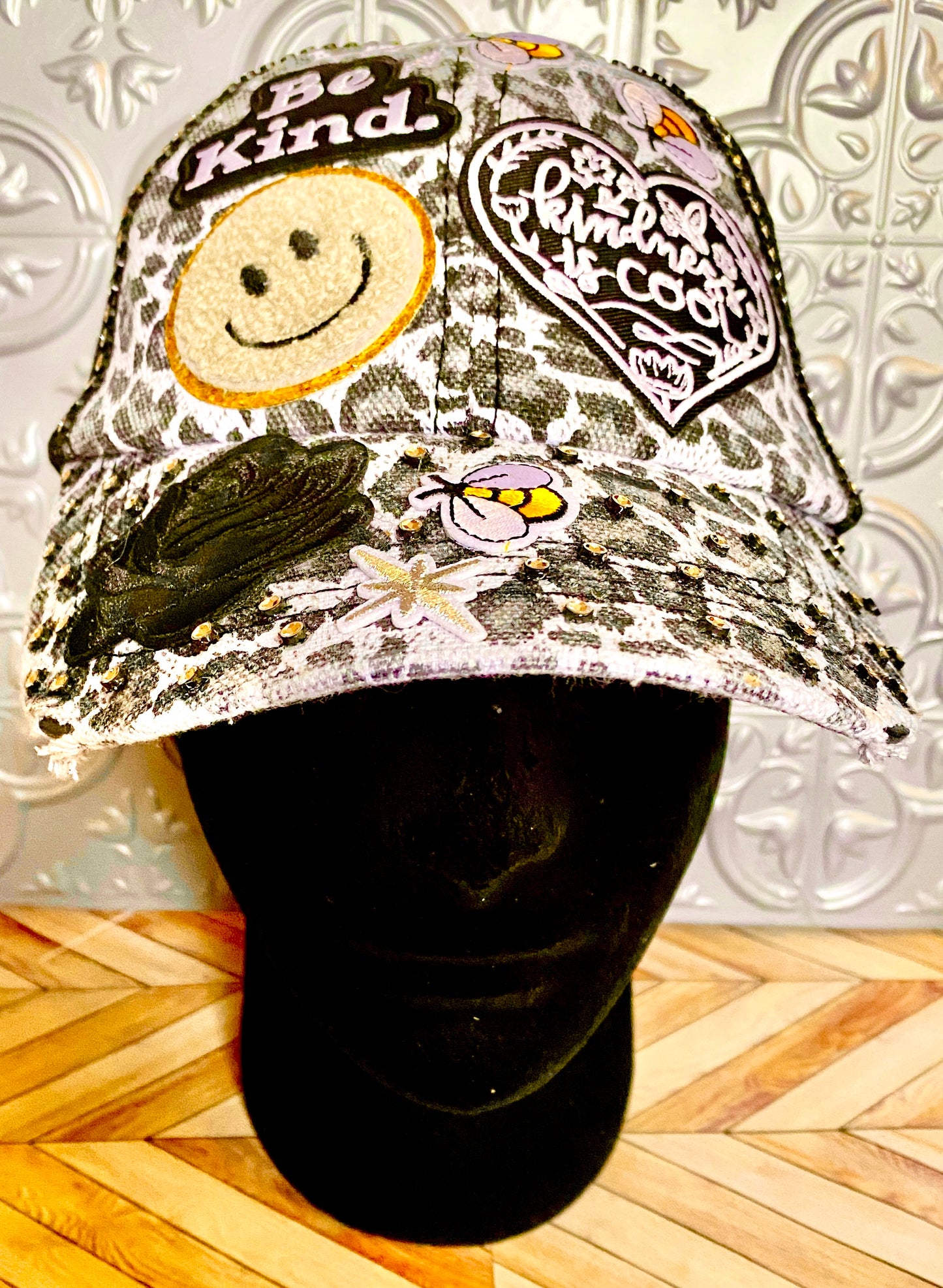Be Kind Distressed Leopard Print Decorated Snap Back Hat in Black & White