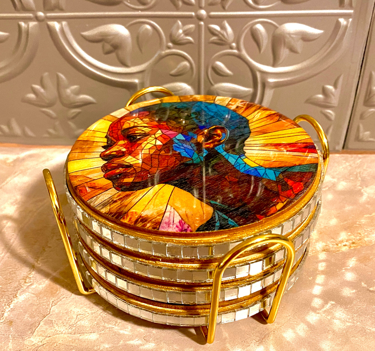Handcrafted 4 PC Black Art Coaster Set /w Metal Holder
