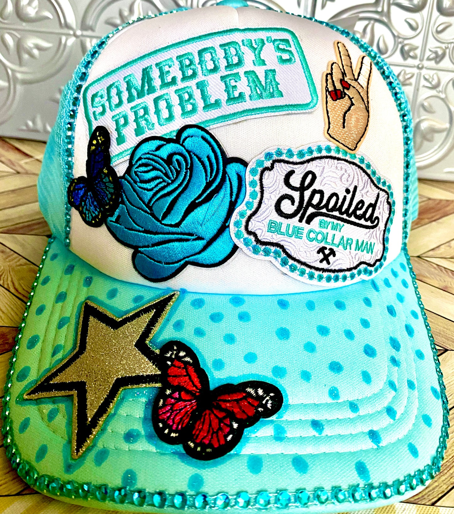 Somebody’s Problem Decorated Truckers Hat in Light Blue & White