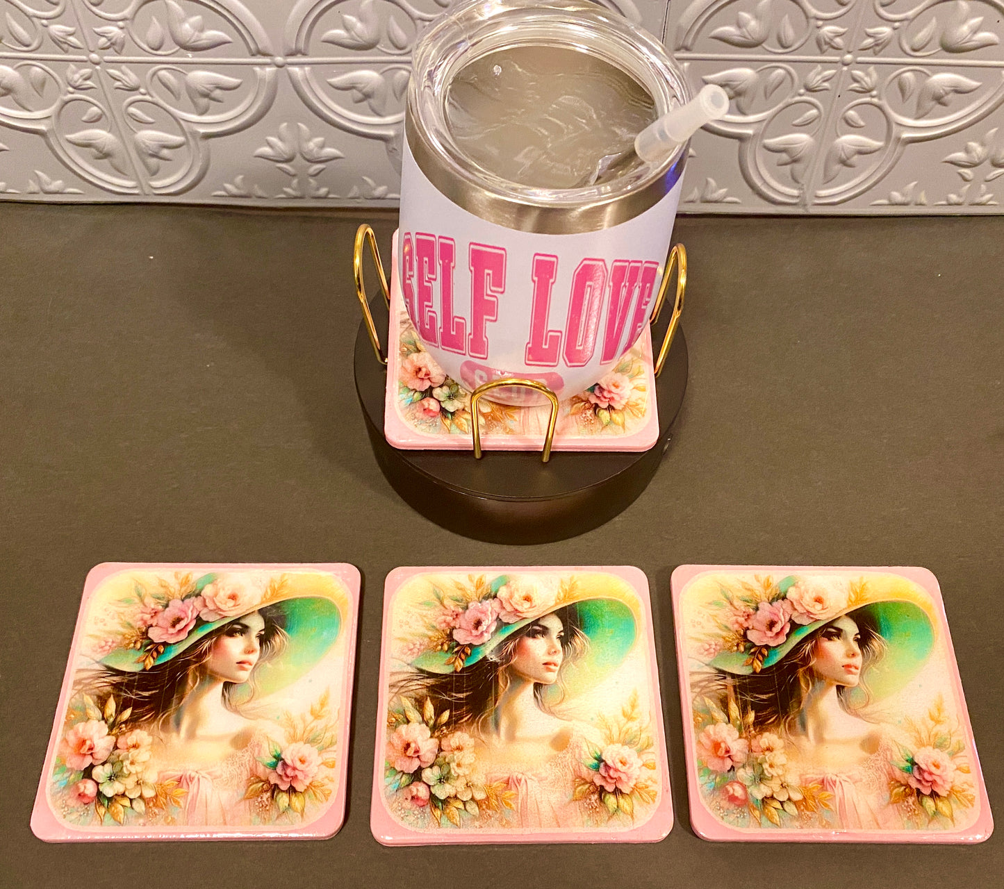 Vintage Lady In The Pink Hat 4pc Wooden Coaster Set w/ Holder