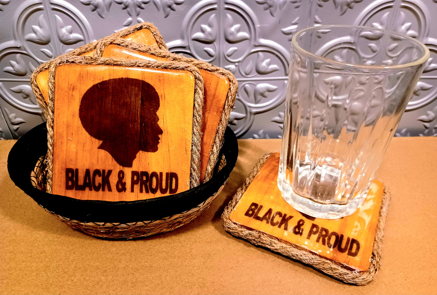 Proud & Black Solid Wood 4pc Coaster Set w/ Decorative Basket