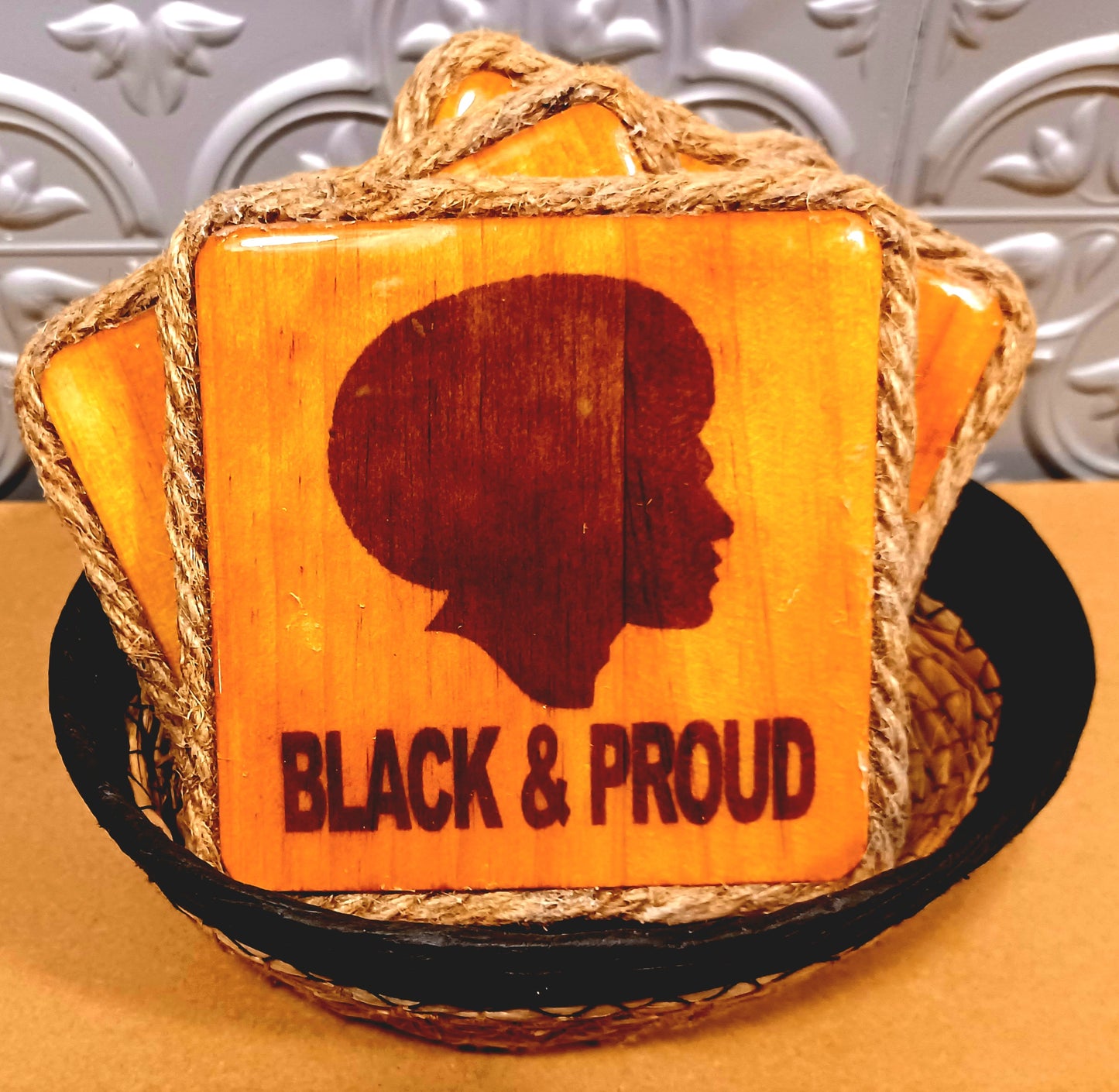 Proud & Black Solid Wood 4pc Coaster Set w/ Decorative Basket