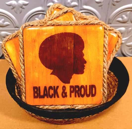 Proud & Black Solid Wood 4pc Coaster Set w/ Decorative Basket