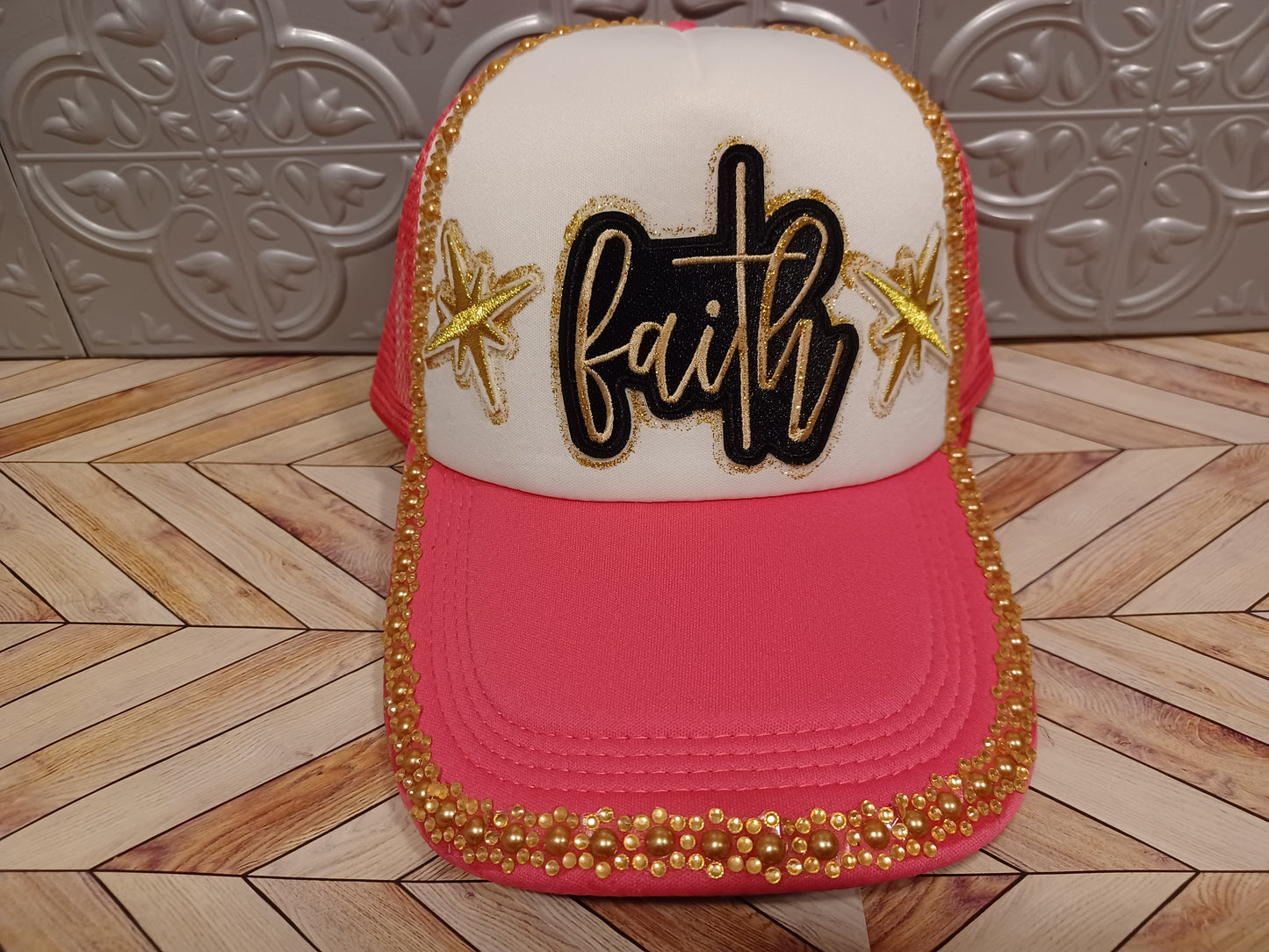 Faith Decorated Truckers Hat in Hot Pink