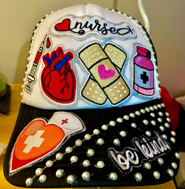 Nurse Life Decorated Truckers Hat in Black & White