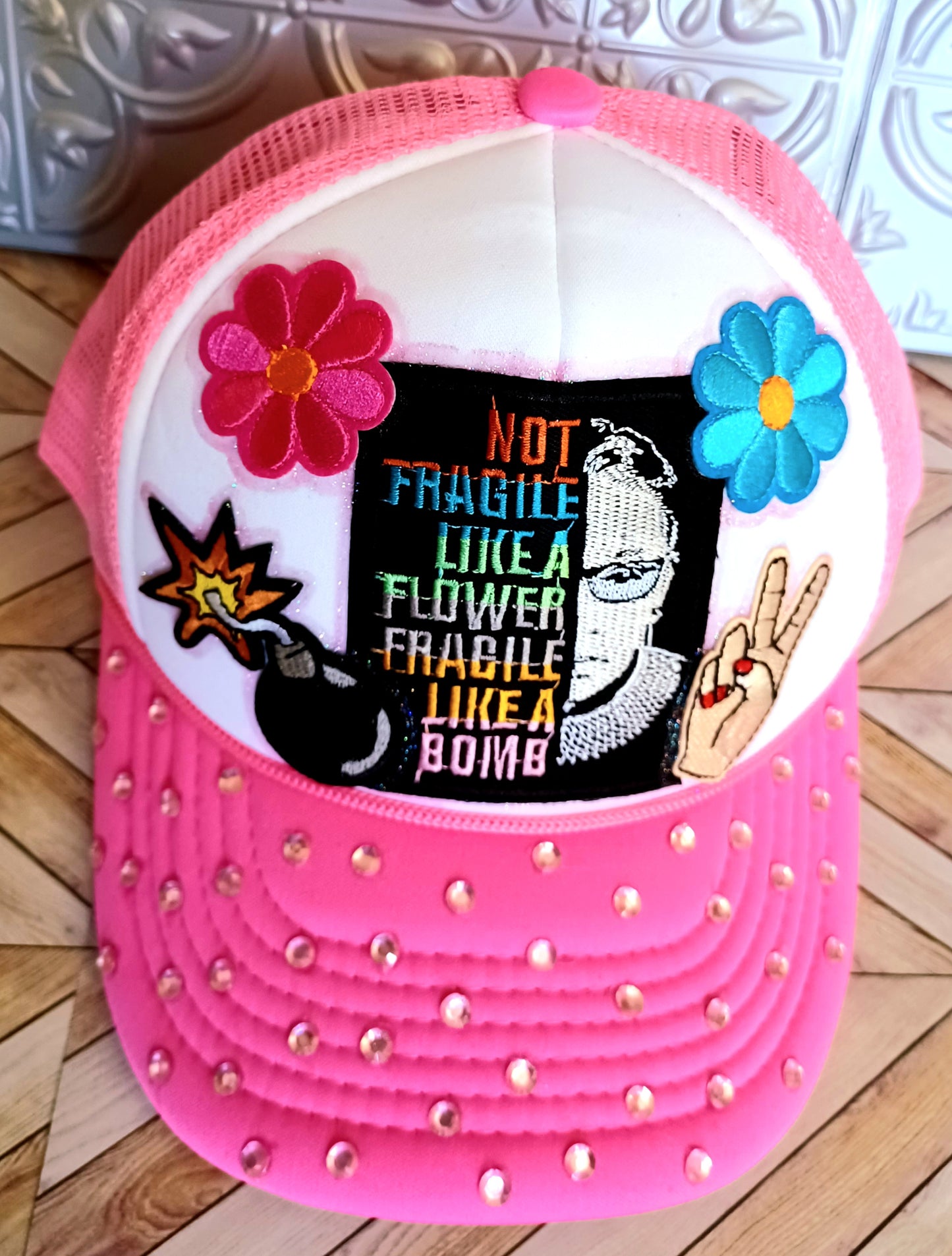 Fragile Like a Bomb Truckers Hat in Pink & White