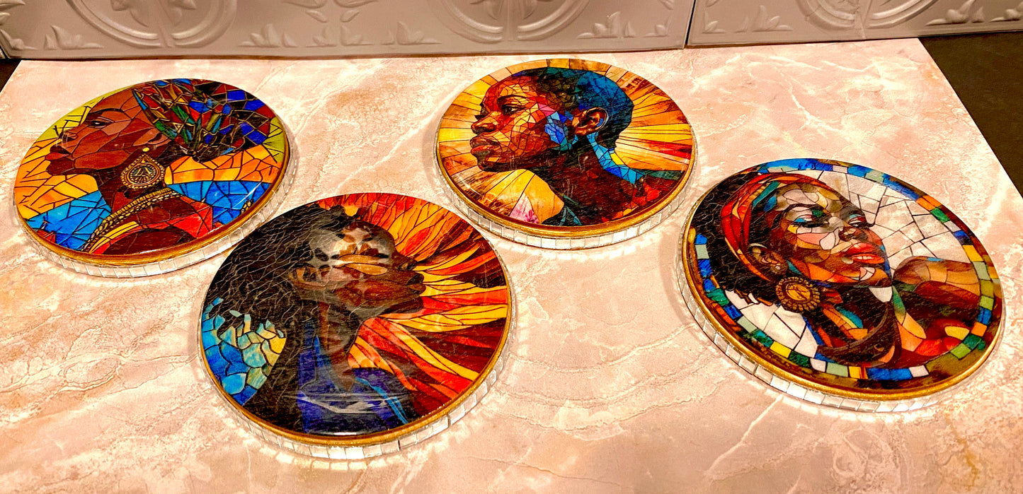 Handcrafted 4 PC Black Art Coaster Set /w Metal Holder