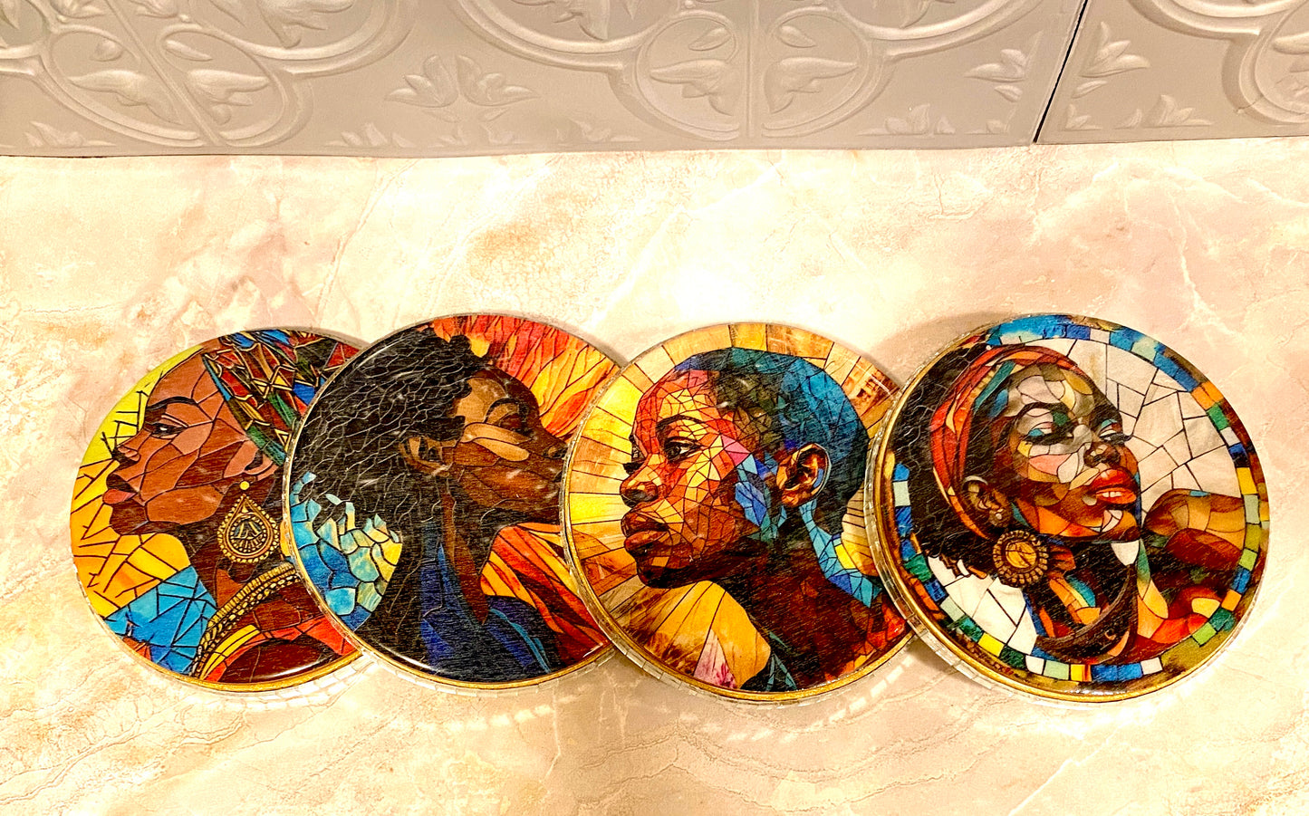 Handcrafted 4 PC Black Art Coaster Set /w Metal Holder