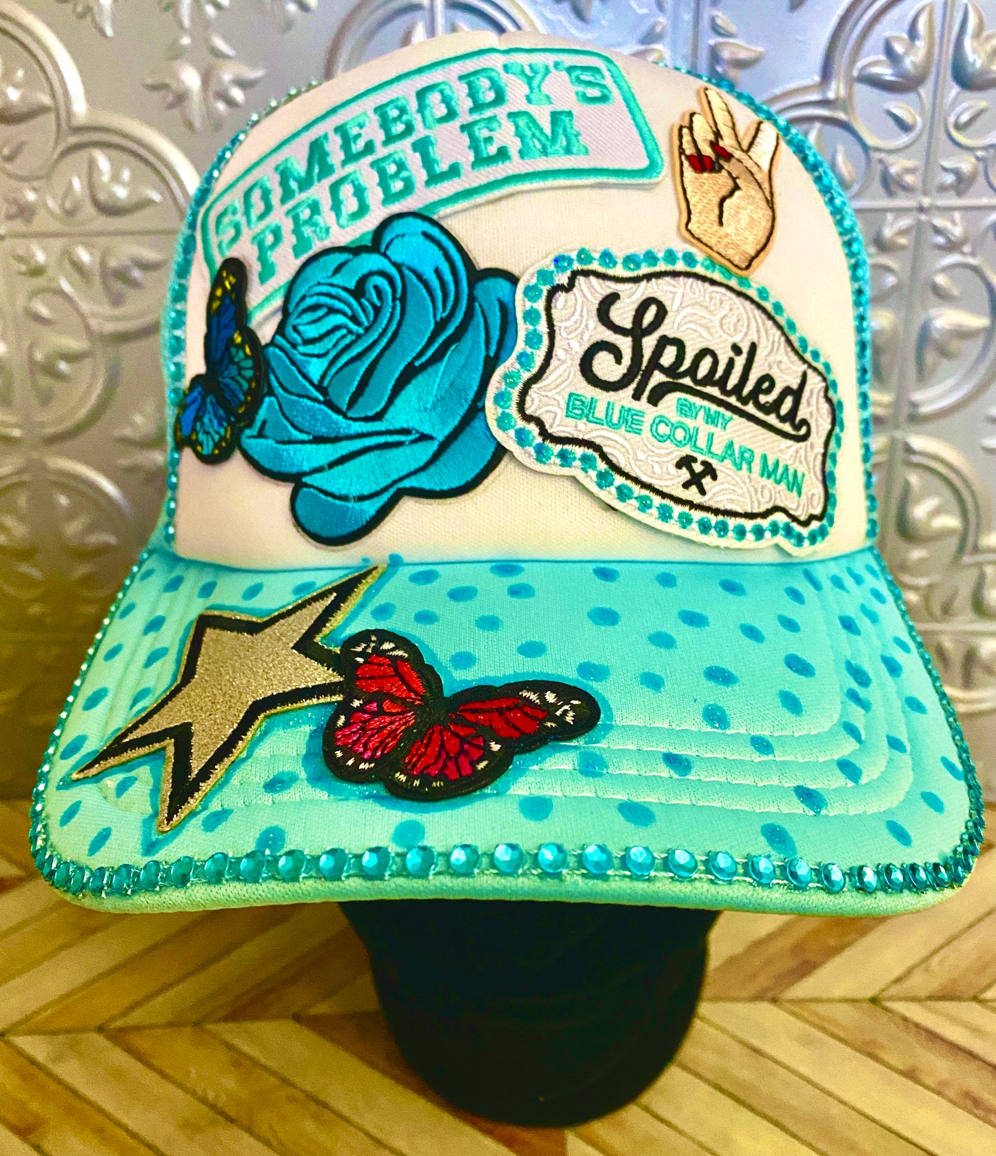 Somebody’s Problem Decorated Truckers Hat in Light Blue & White
