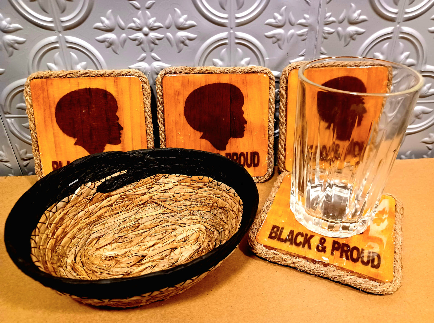 Proud & Black Solid Wood 4pc Coaster Set w/ Decorative Basket