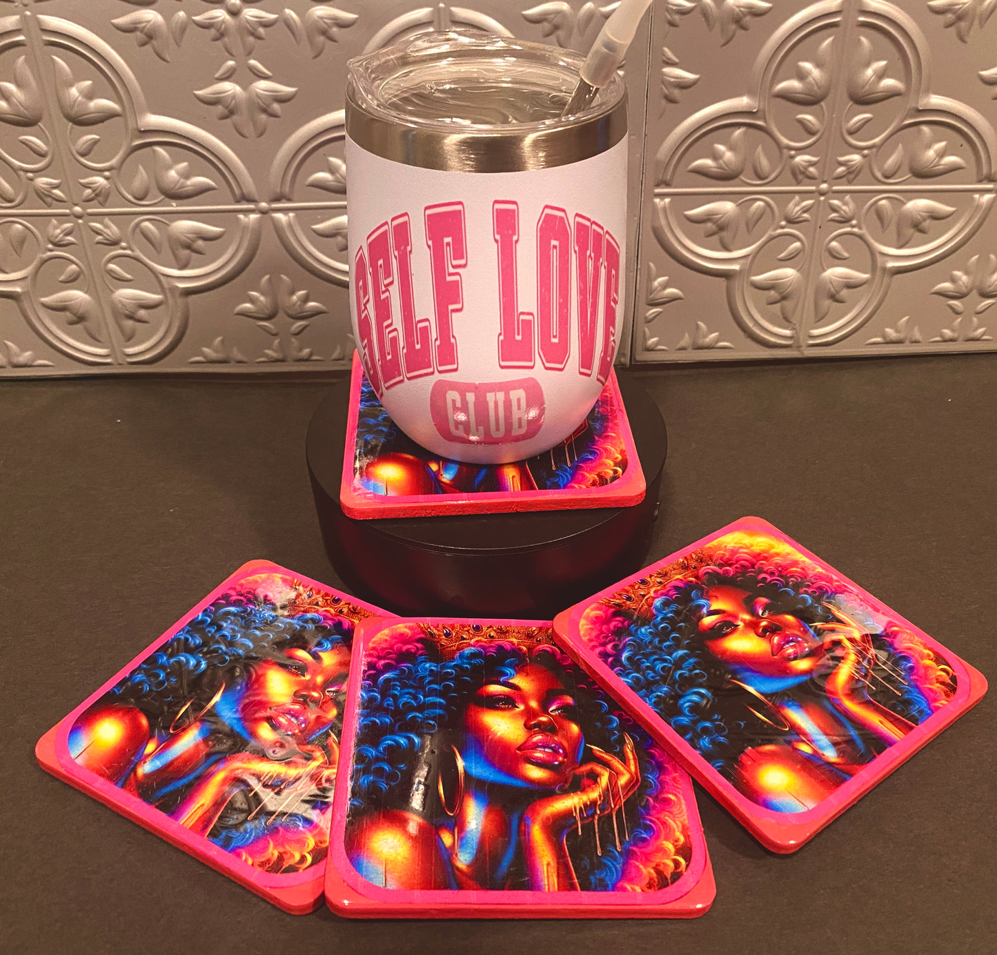 Handcrafted 4pc Hot Pink Lady Coaster Set w/ Holder