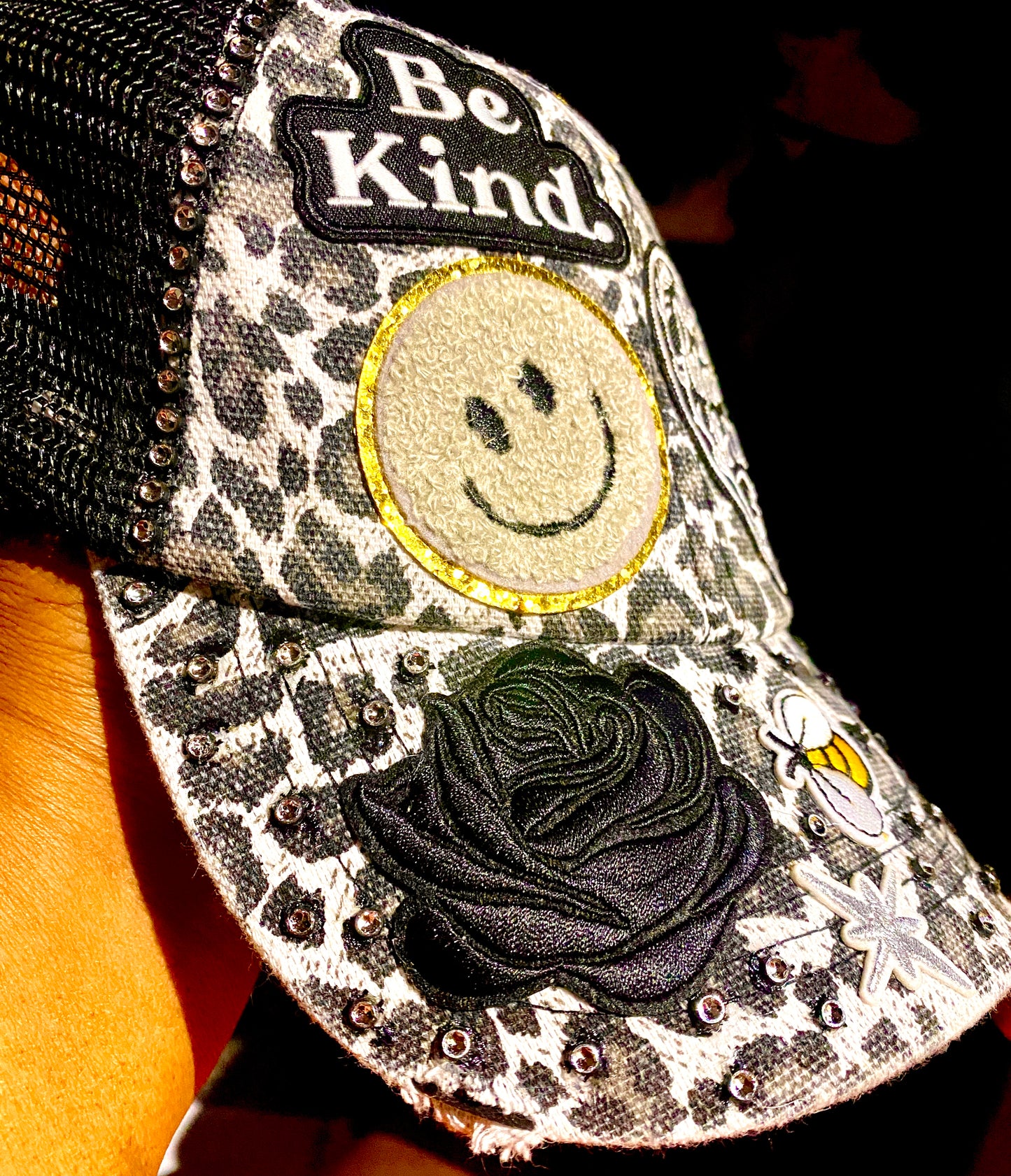Be Kind Distressed Leopard Print Decorated Snap Back Hat in Black & White