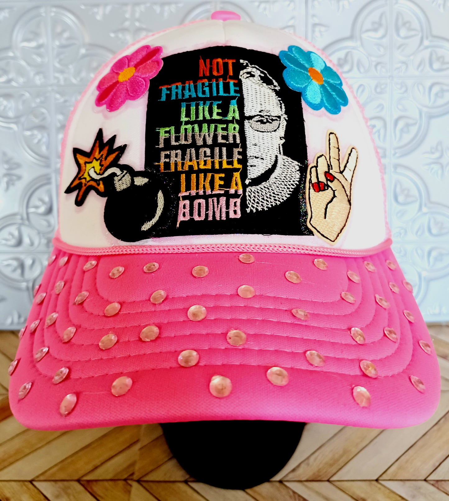 Fragile Like a Bomb Truckers Hat in Pink & White