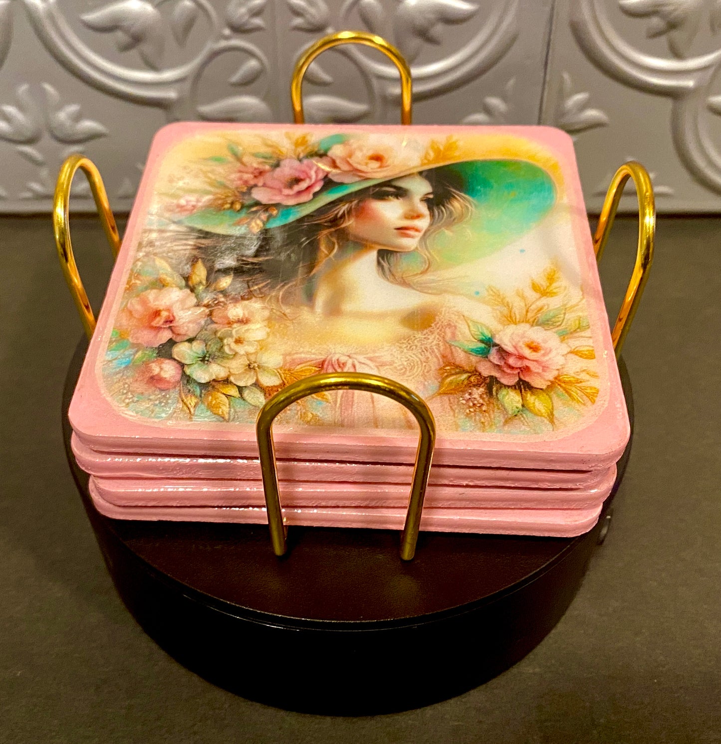 Vintage Lady In The Pink Hat 4pc Wooden Coaster Set w/ Holder