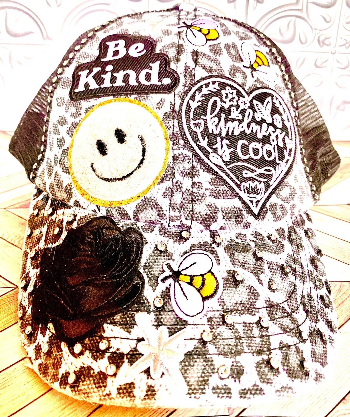 Be Kind Distressed Leopard Print Decorated Snap Back Hat in Black & White