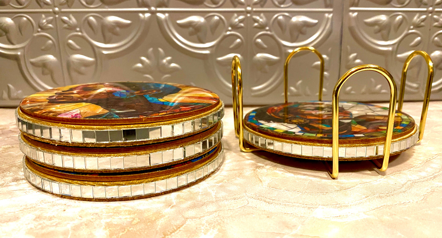 Handcrafted 4 PC Black Art Coaster Set /w Metal Holder