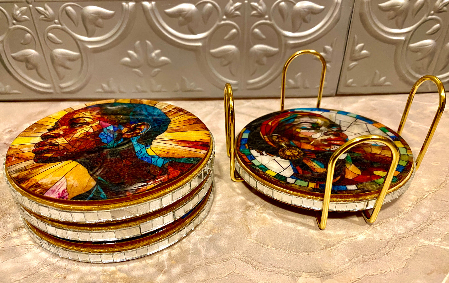 Handcrafted 4 PC Black Art Coaster Set /w Metal Holder