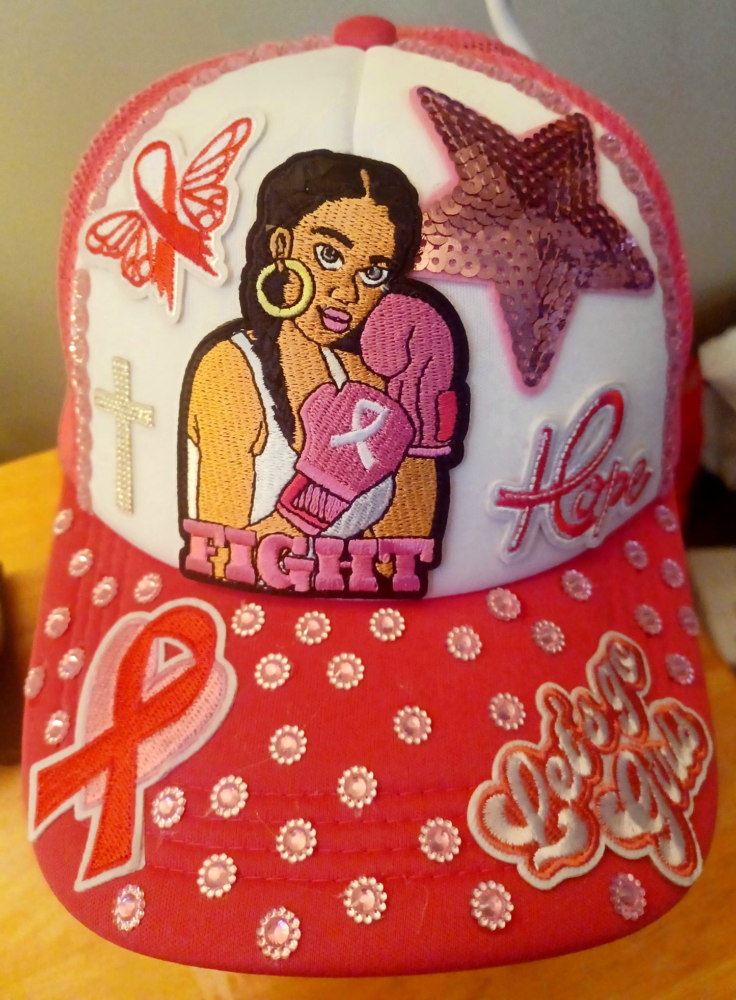 Cancer Awareness Decorated Truckers Hat in Pink & White