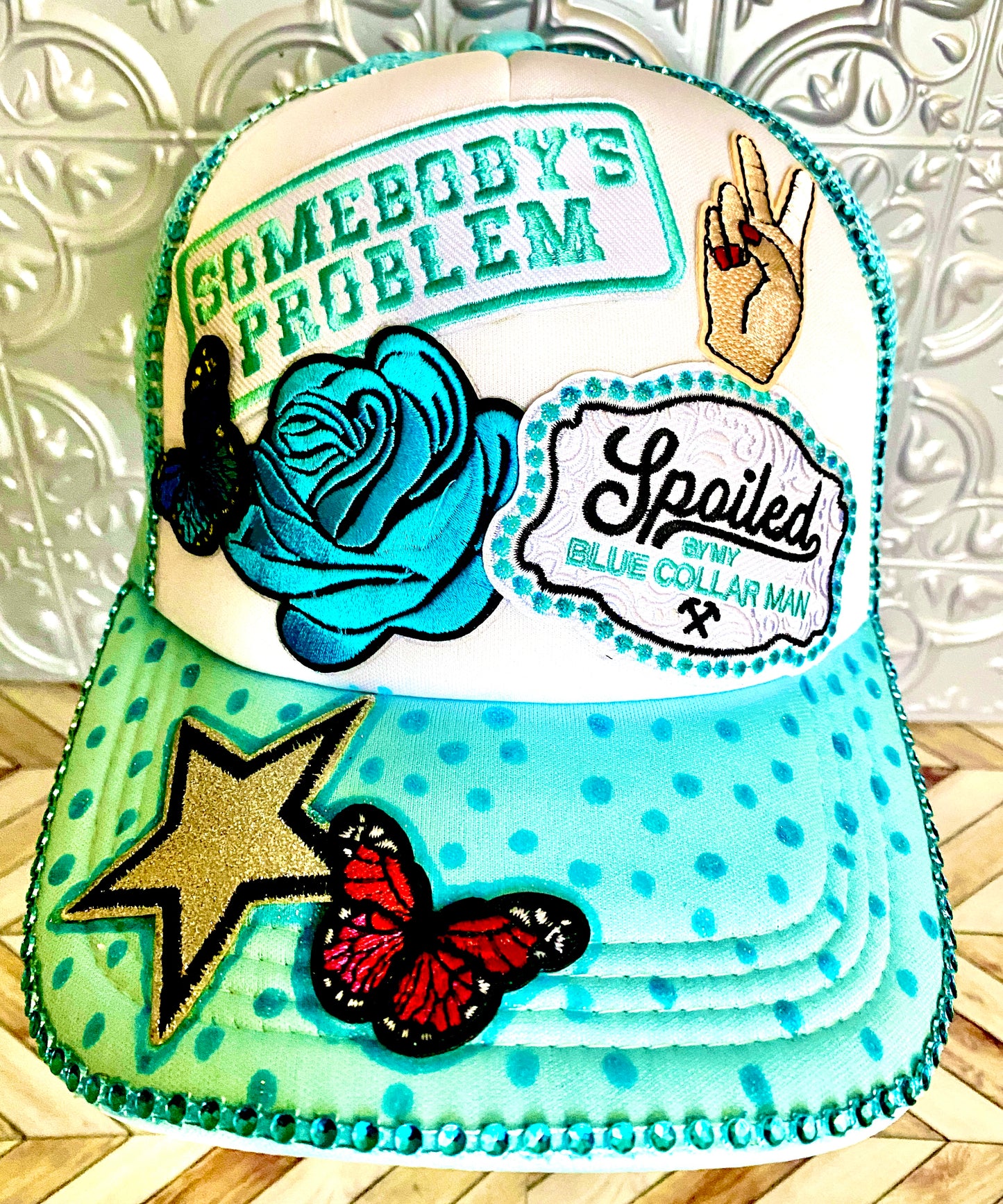 Somebody’s Problem Decorated Truckers Hat in Light Blue & White