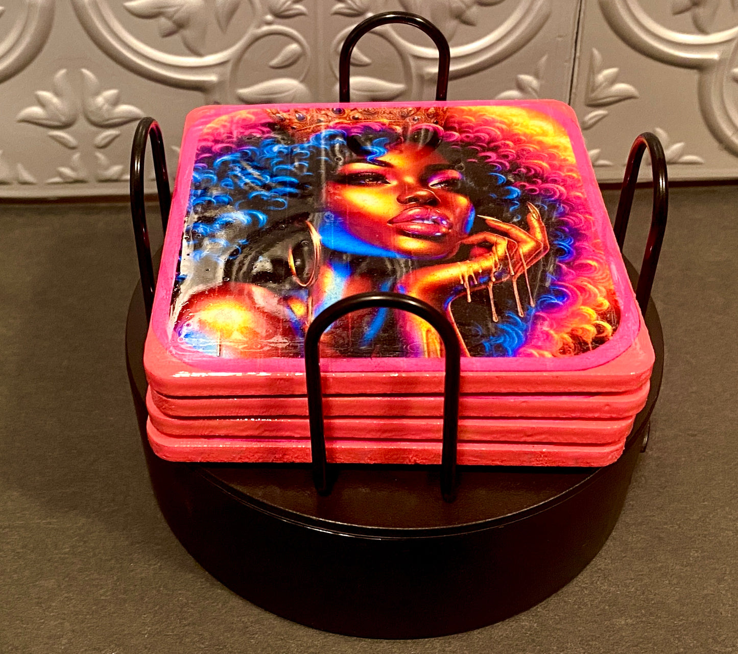 Handcrafted 4pc Hot Pink Lady Coaster Set w/ Holder