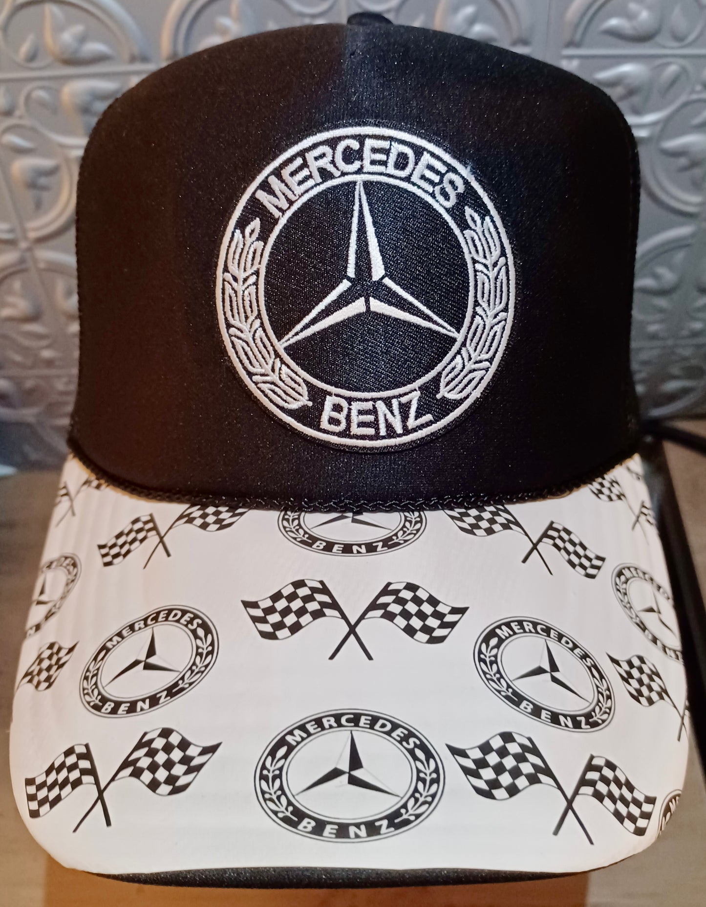 Mercedes Benz Decorated Truckers Hat in Black & White