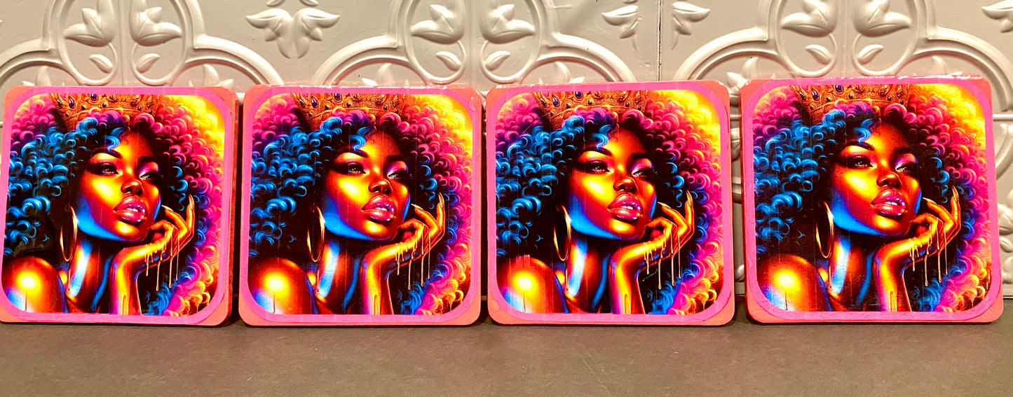 Handcrafted 4pc Hot Pink Lady Coaster Set w/ Holder