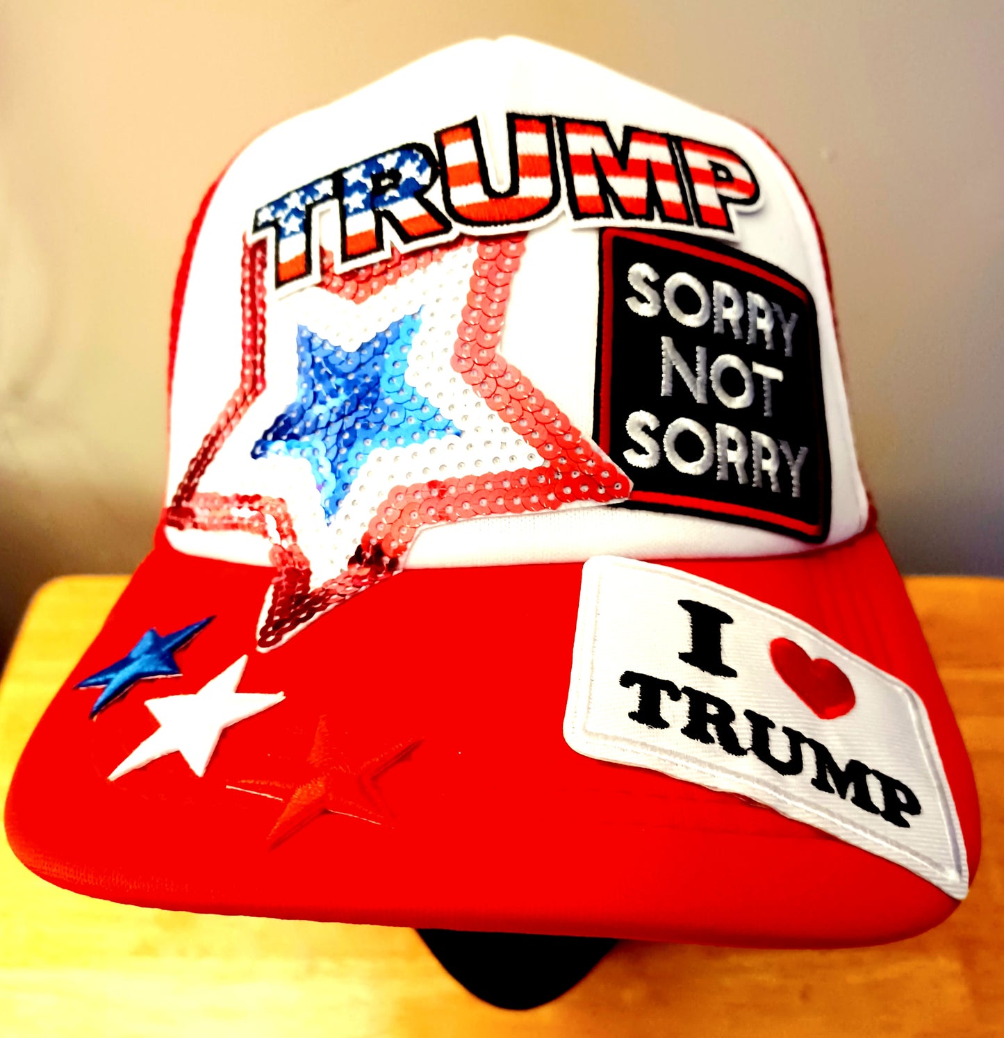 Sorry not Sorry I love Trump, Trucker Hat in Red & White