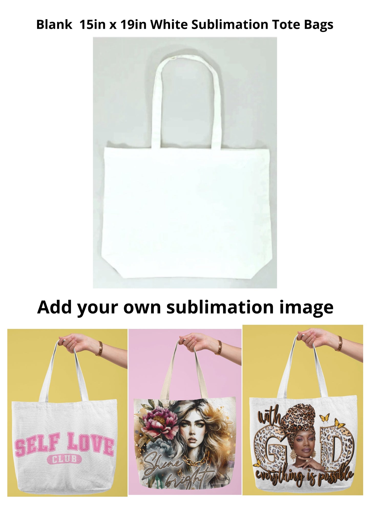Blank DIY 15in x 19in White Sublimation Polyester Tote Bag 2ct