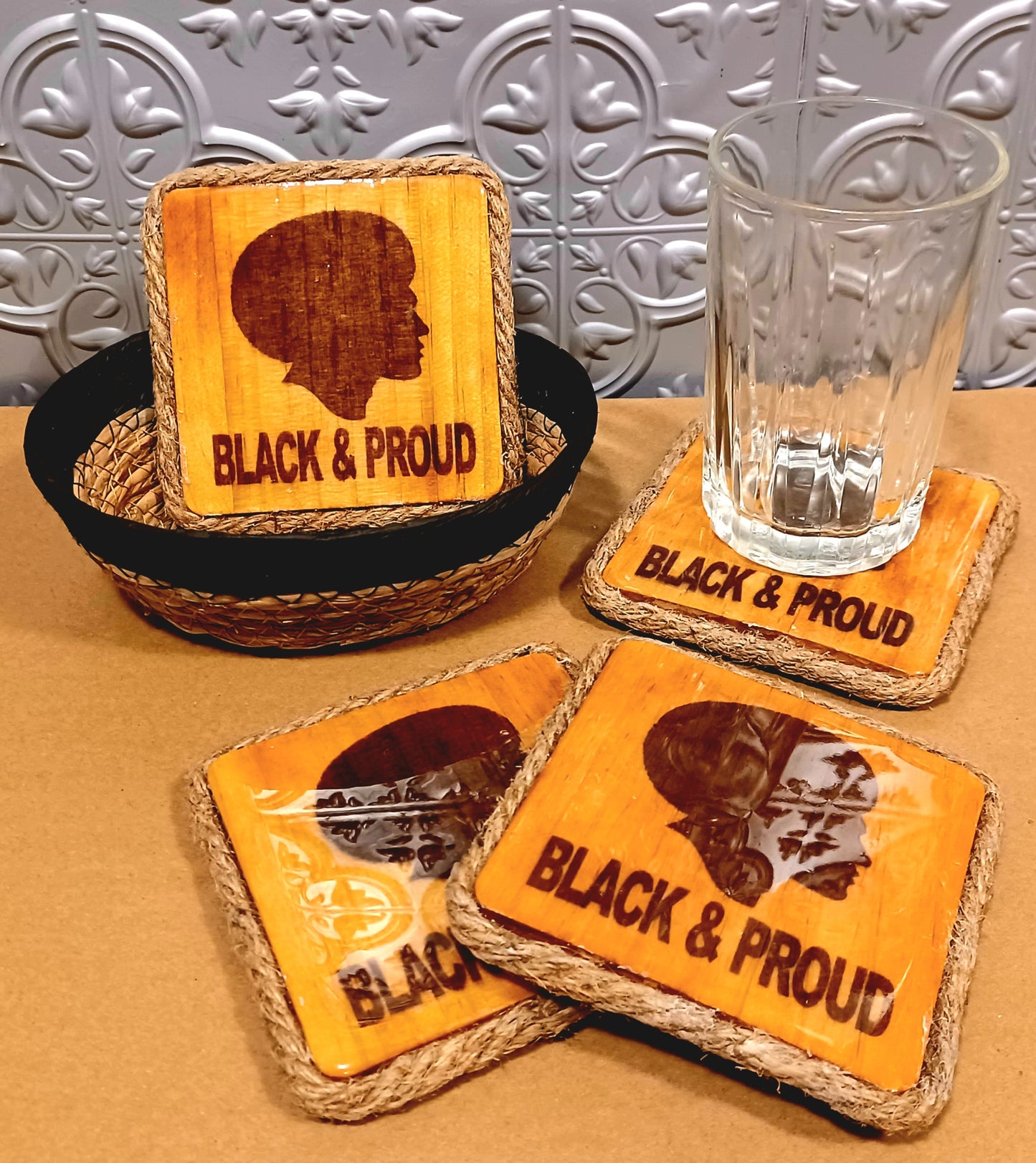Proud & Black Solid Wood 4pc Coaster Set w/ Decorative Basket
