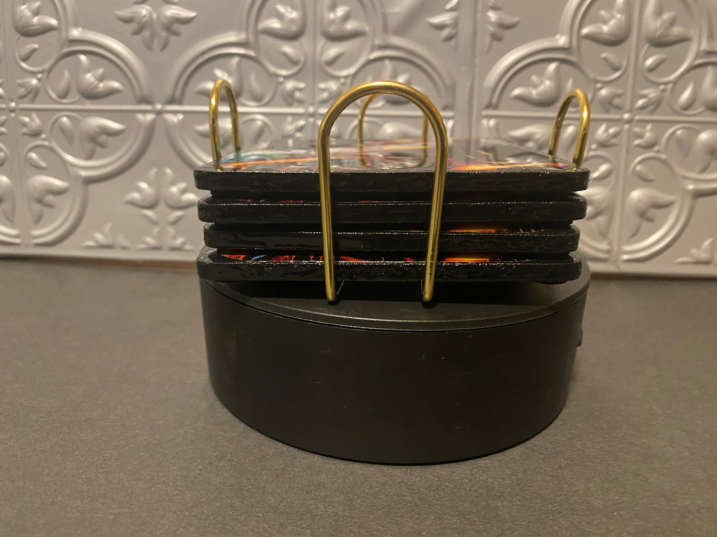 Handcrafted Black Beauty 4pc Wooden Coaster Set w/ Holder