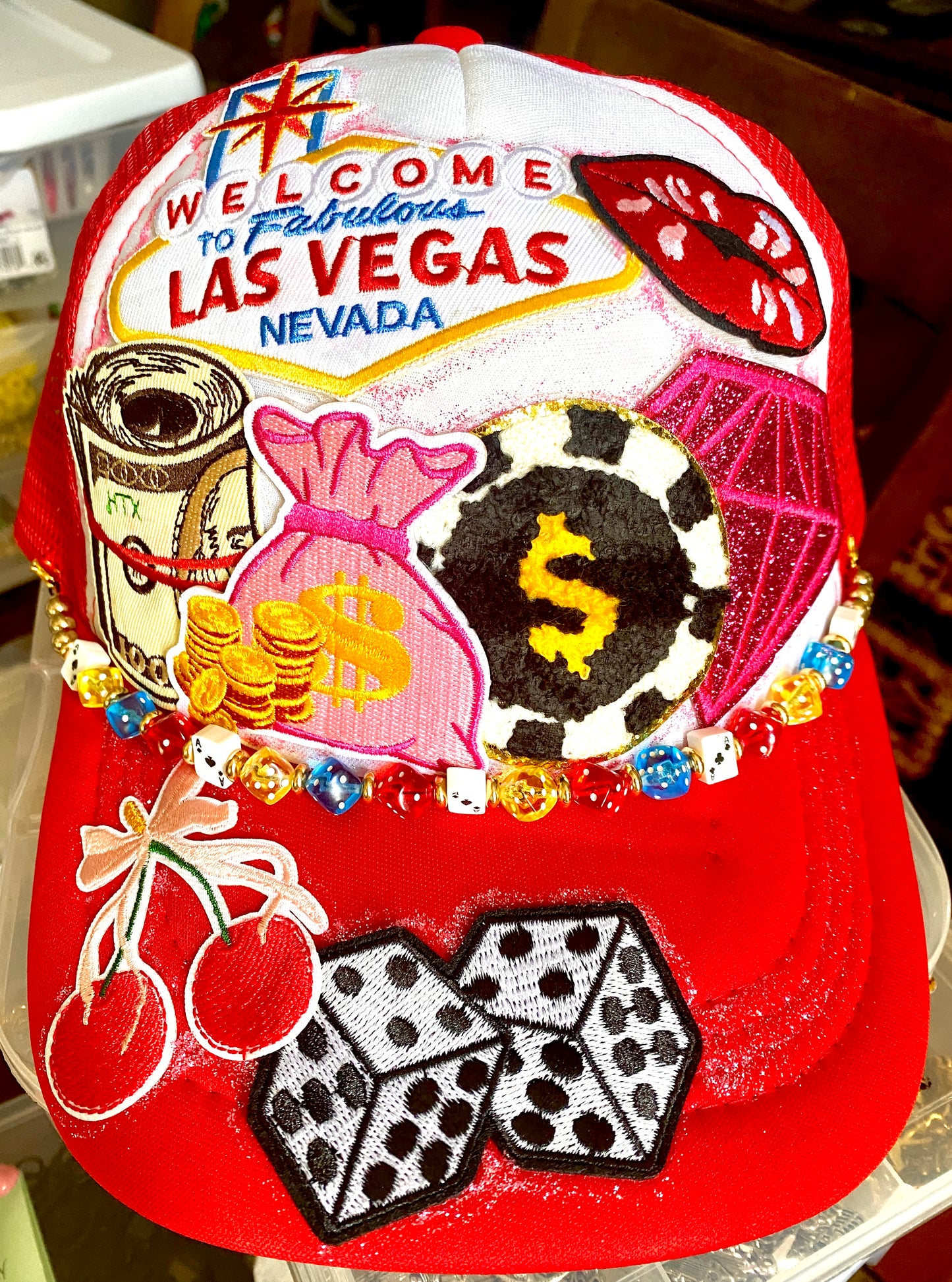 The Gambler Decorated Truckers Hat in Red & White