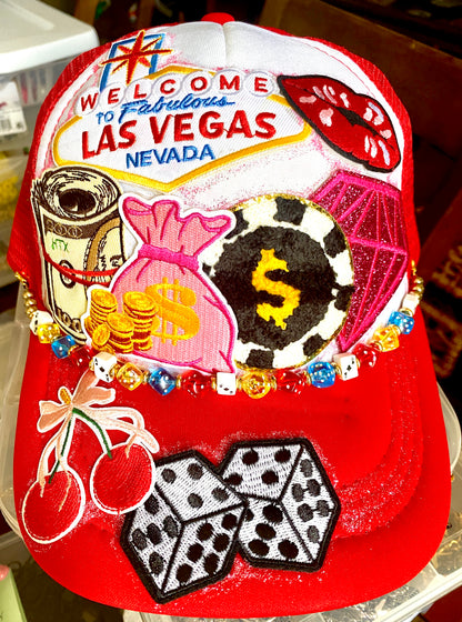 The Gambler Decorated Truckers Hat in Red & White