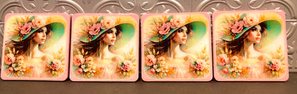 Vintage Lady In The Pink Hat 4pc Wooden Coaster Set w/ Holder