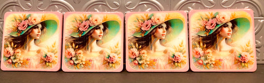 Vintage Lady In The Pink Hat 4pc Wooden Coaster Set w/ Holder