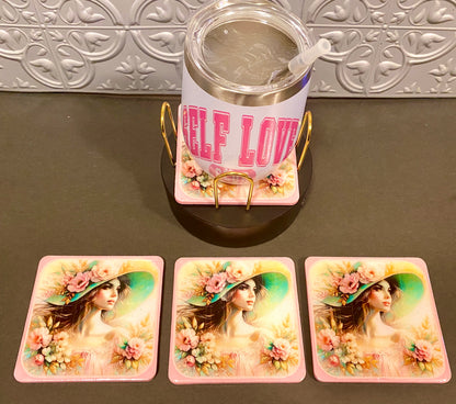 Vintage Lady In The Pink Hat 4pc Wooden Coaster Set w/ Holder