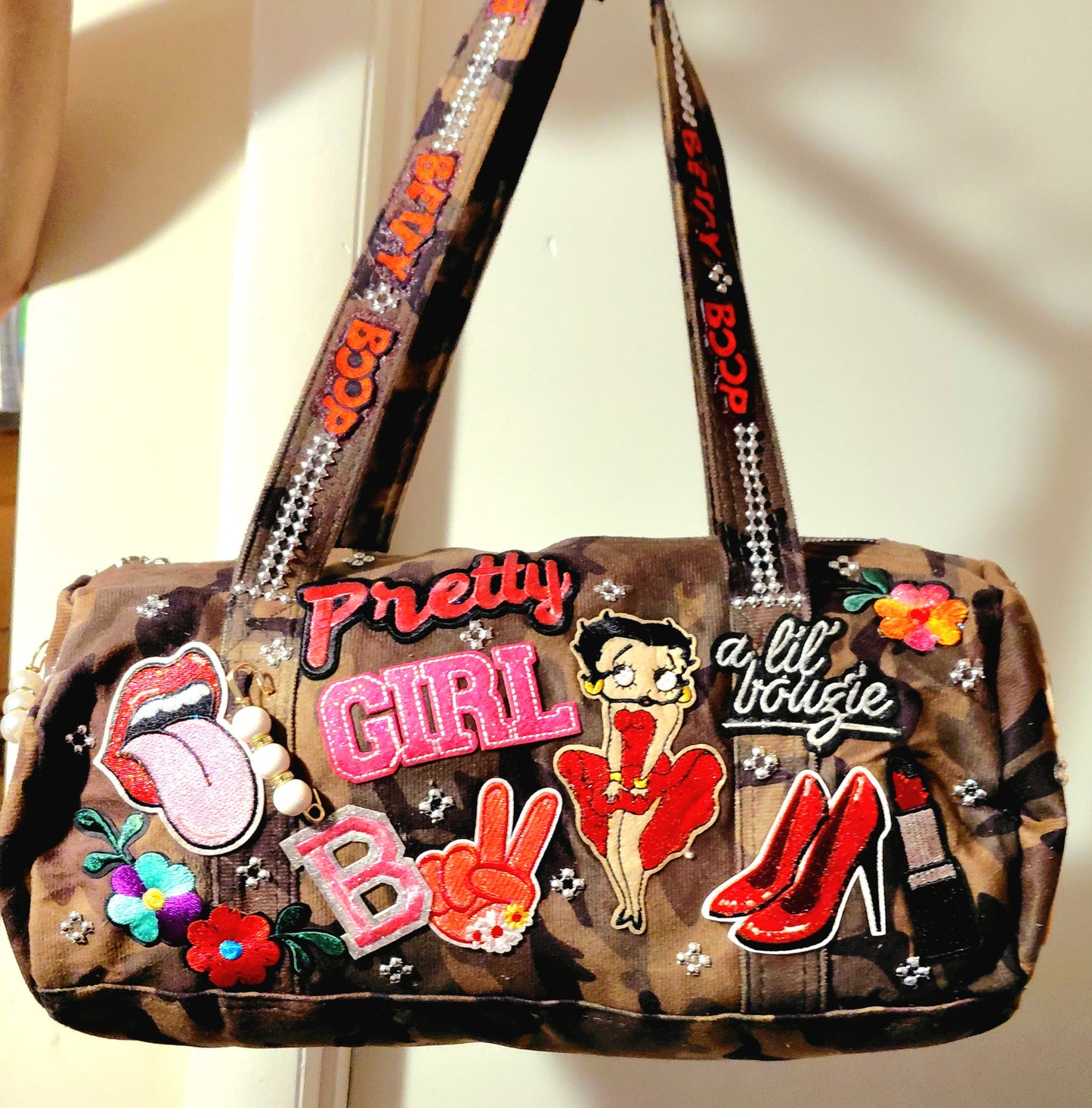 Hand Decorated Camouflage Duffle Style Betty Boop Designed Purse