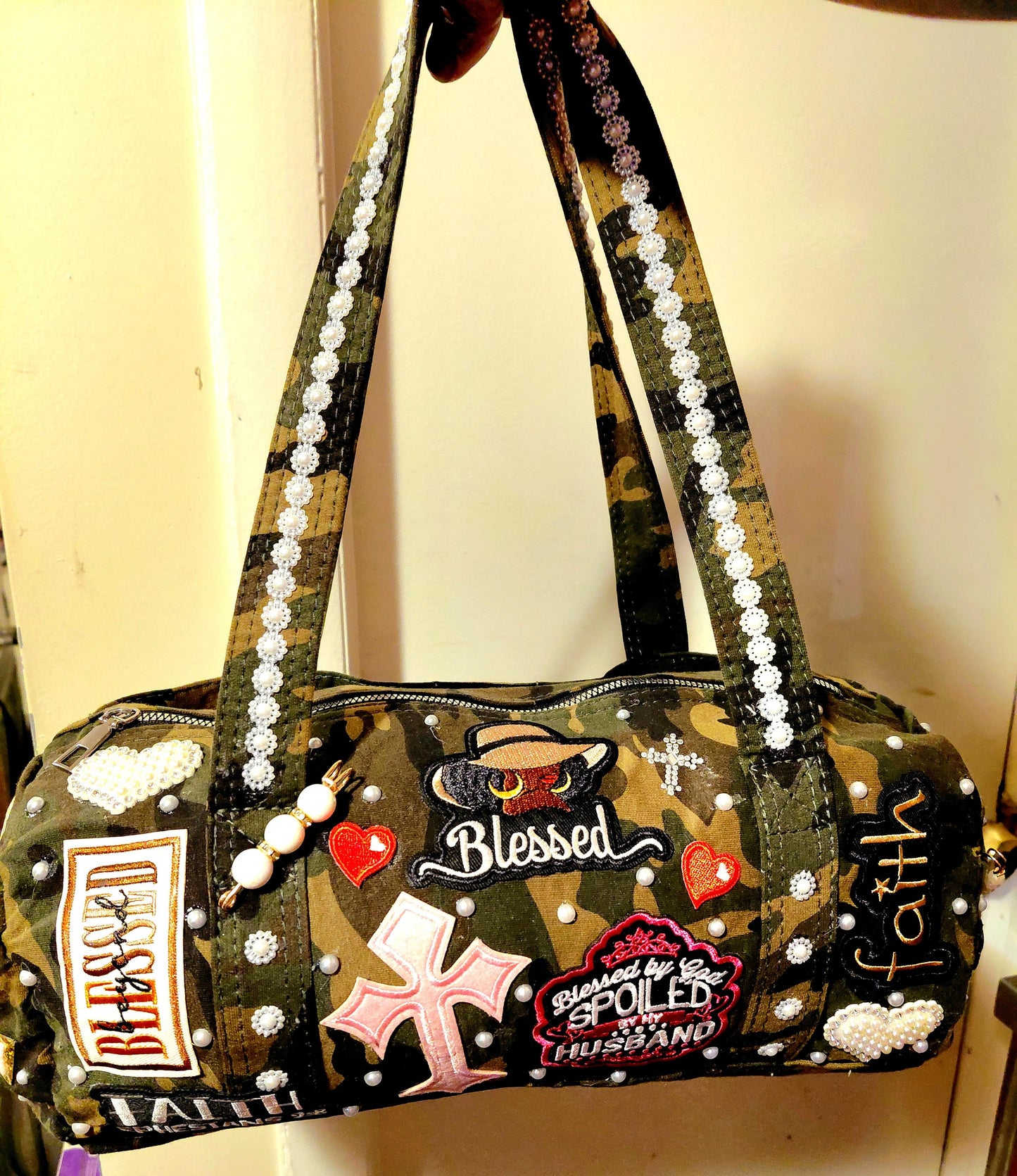 Hand Decorated Camouflage Duffle Style Woman of Faith Designed Purse