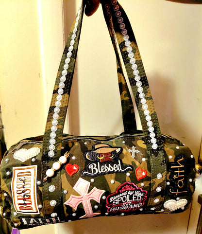 Hand Decorated Camouflage Duffle Style Woman of Faith Designed Purse