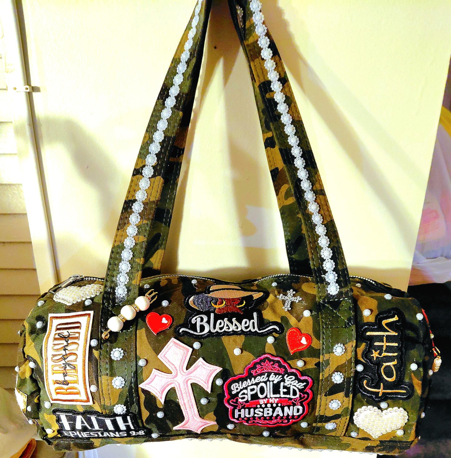 Hand Decorated Camouflage Duffle Style Woman of Faith Designed Purse