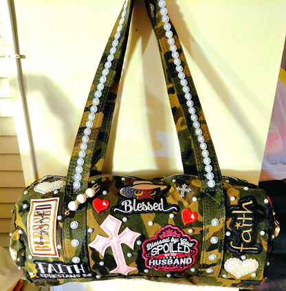 Hand Decorated Camouflage Duffle Style Woman of Faith Designed Purse