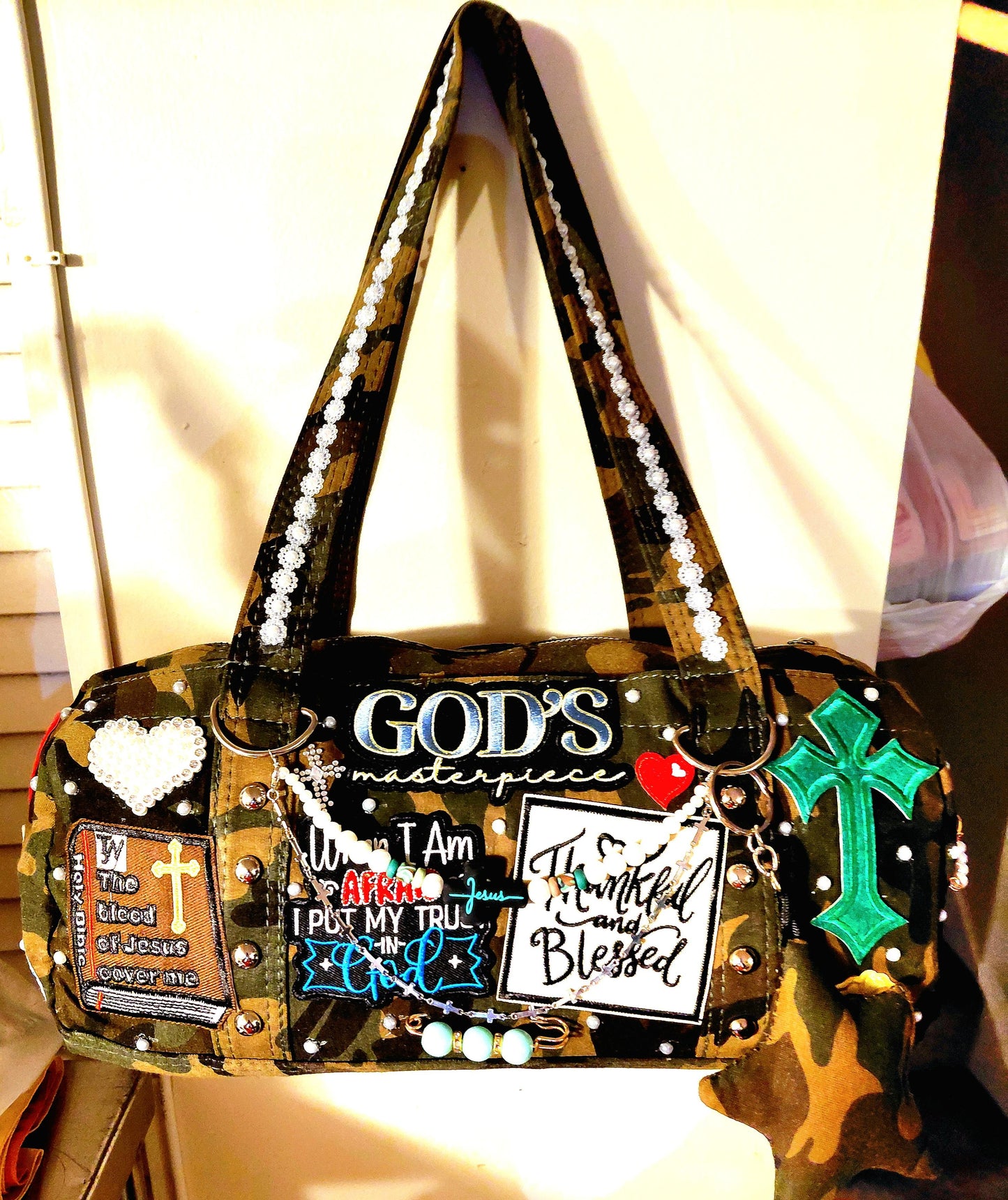 Hand Decorated Camouflage Duffle Style Woman of Faith Designed Purse