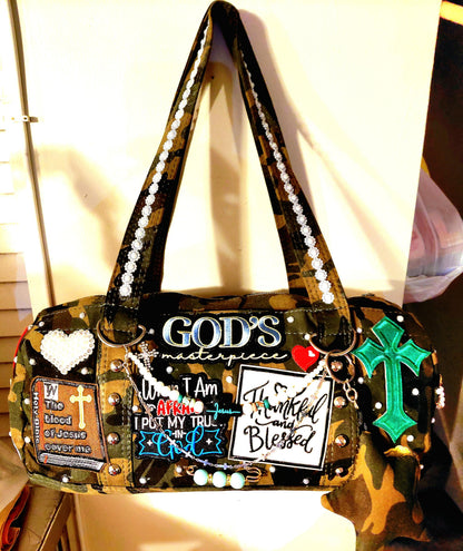 Hand Decorated Camouflage Duffle Style Woman of Faith Designed Purse