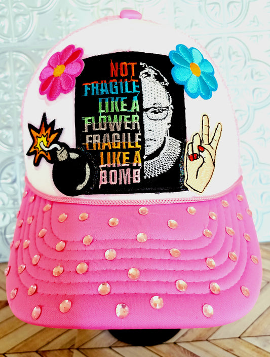 Fragile Like a Bomb Truckers Hat in Pink & White