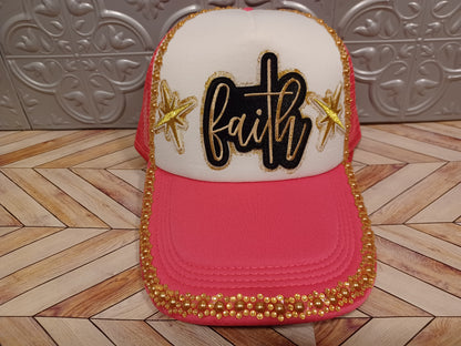 Faith Decorated Truckers Hat in Hot Pink