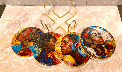 Handcrafted 4 PC  Black Art Coaster Set /w Metal Holder