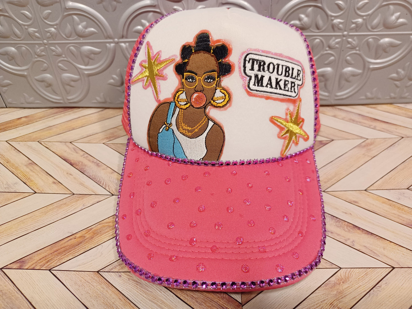 Trouble Maker Decorated Truckers Hat in Pink & White