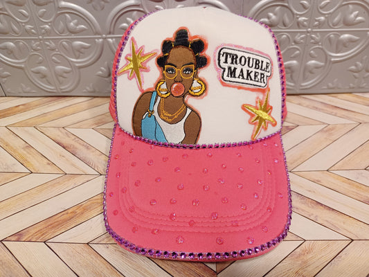 Trouble Maker Decorated Truckers Hat in Pink & White